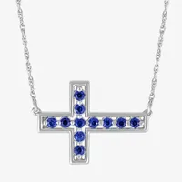 Sideways Womens Lab Created Sapphire Sterling Silver Cross Pendant Necklace