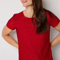 Liz Claiborne Womens Round Neck Short Sleeve Lace Blouse