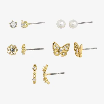 Sparkle Allure 5 Pair Cubic Zirconia Simulated Pearl Bow Flower Earring Set