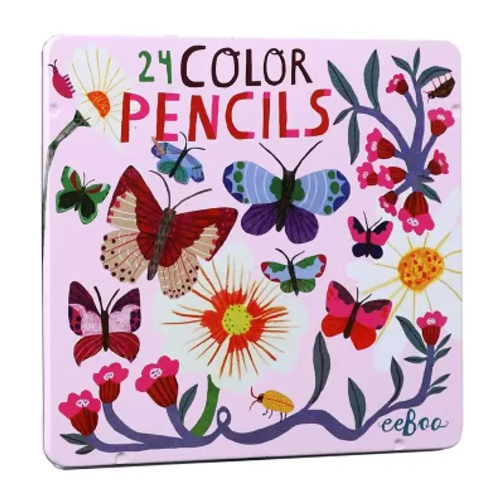 Eeboo Butterflies And Flowers Color Pencils In Tin Box (Set Of 24)