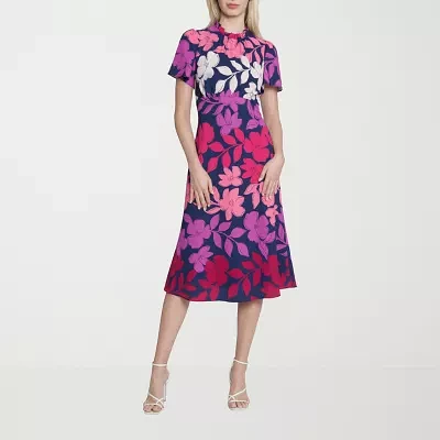 London Style Womens Short Sleeve Floral Midi Fit + Flare Dress