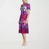 London Style Womens Short Sleeve Floral Midi Fit + Flare Dress