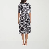 London Times Womens Elbow Sleeve Floral Midi Fit + Flare Dress