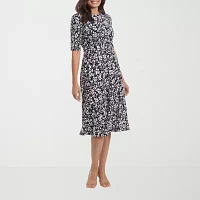 London Times Womens Elbow Sleeve Floral Midi Fit + Flare Dress