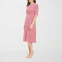 London Times Womens Elbow Sleeve Geo Linear Midi Fit + Flare Dress