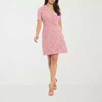 London Times Womens Short Sleeve Embellished Fit + Flare Dress