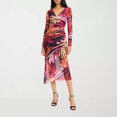 Donna Morgan Womens Long Sleeve Floral Midi Sheath Dress