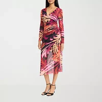 Donna Morgan Womens Long Sleeve Floral Midi Sheath Dress