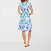 London Times Womens Short Sleeve Floral Midi Fit + Flare Dress