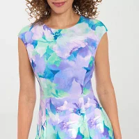 London Times Womens Short Sleeve Floral Midi Fit + Flare Dress