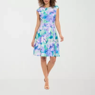 London Times Womens Short Sleeve Floral Midi Fit + Flare Dress