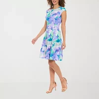 London Times Womens Short Sleeve Floral Midi Fit + Flare Dress