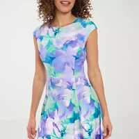 London Times Womens Short Sleeve Floral Midi Fit + Flare Dress