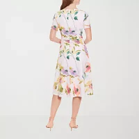 London Times Womens Short Sleeve Floral Midi Fit + Flare Dress