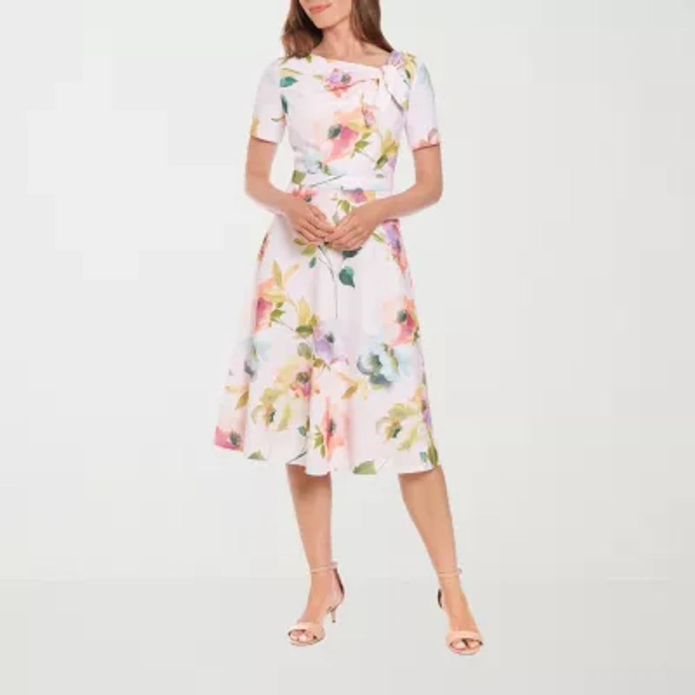 London Times Womens Short Sleeve Floral Midi Fit + Flare Dress