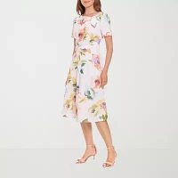 London Times Womens Short Sleeve Floral Midi Fit + Flare Dress