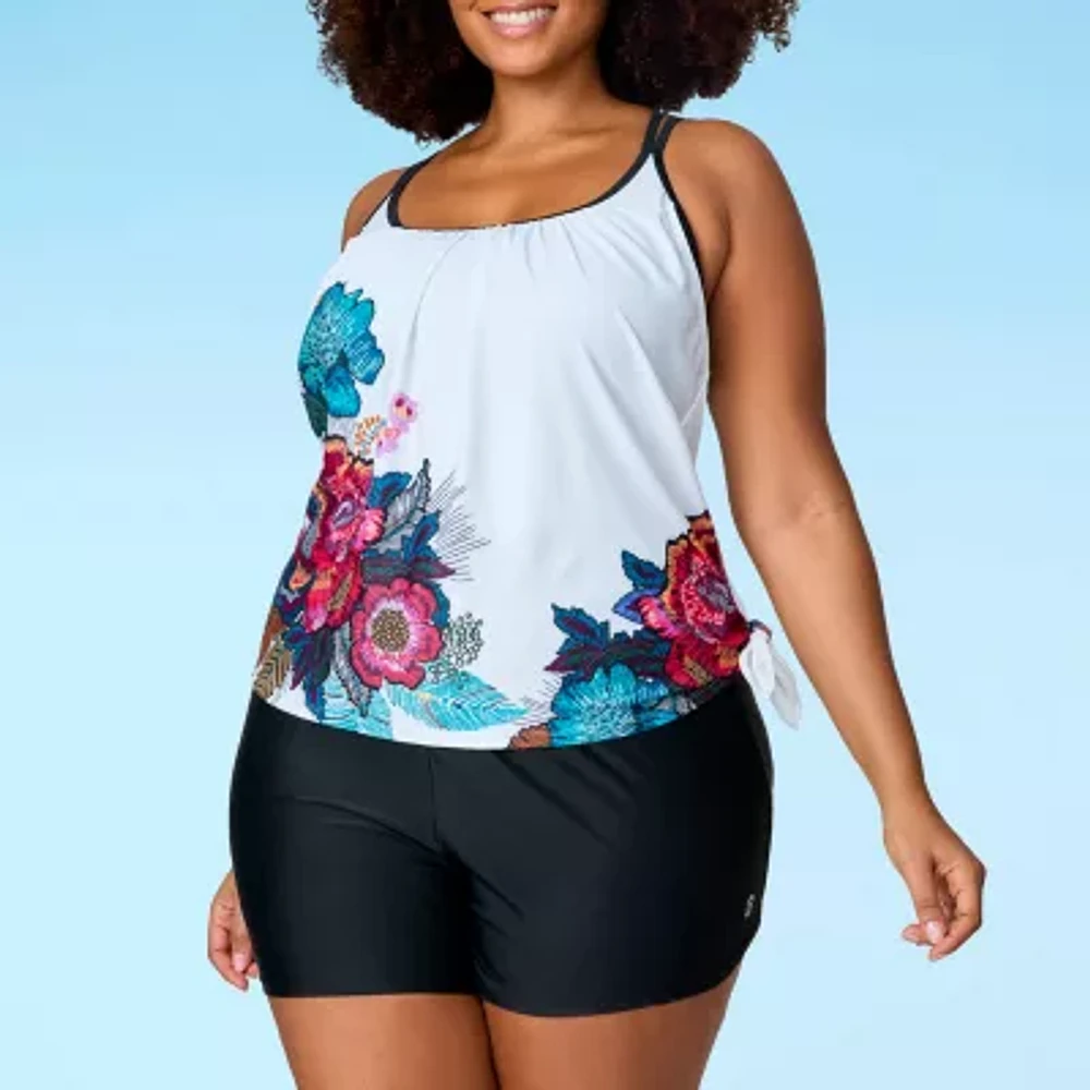 Free Country Stretch Fabric Floral Tankini Swimsuit Top Plus