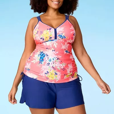 Free Country Stretch Fabric Floral Tankini Swimsuit Top Plus