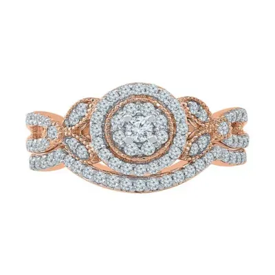 Womens 1/ CT. T.W. Mined White Diamond 10K Rose Gold Round Side Stone Halo Bridal Set