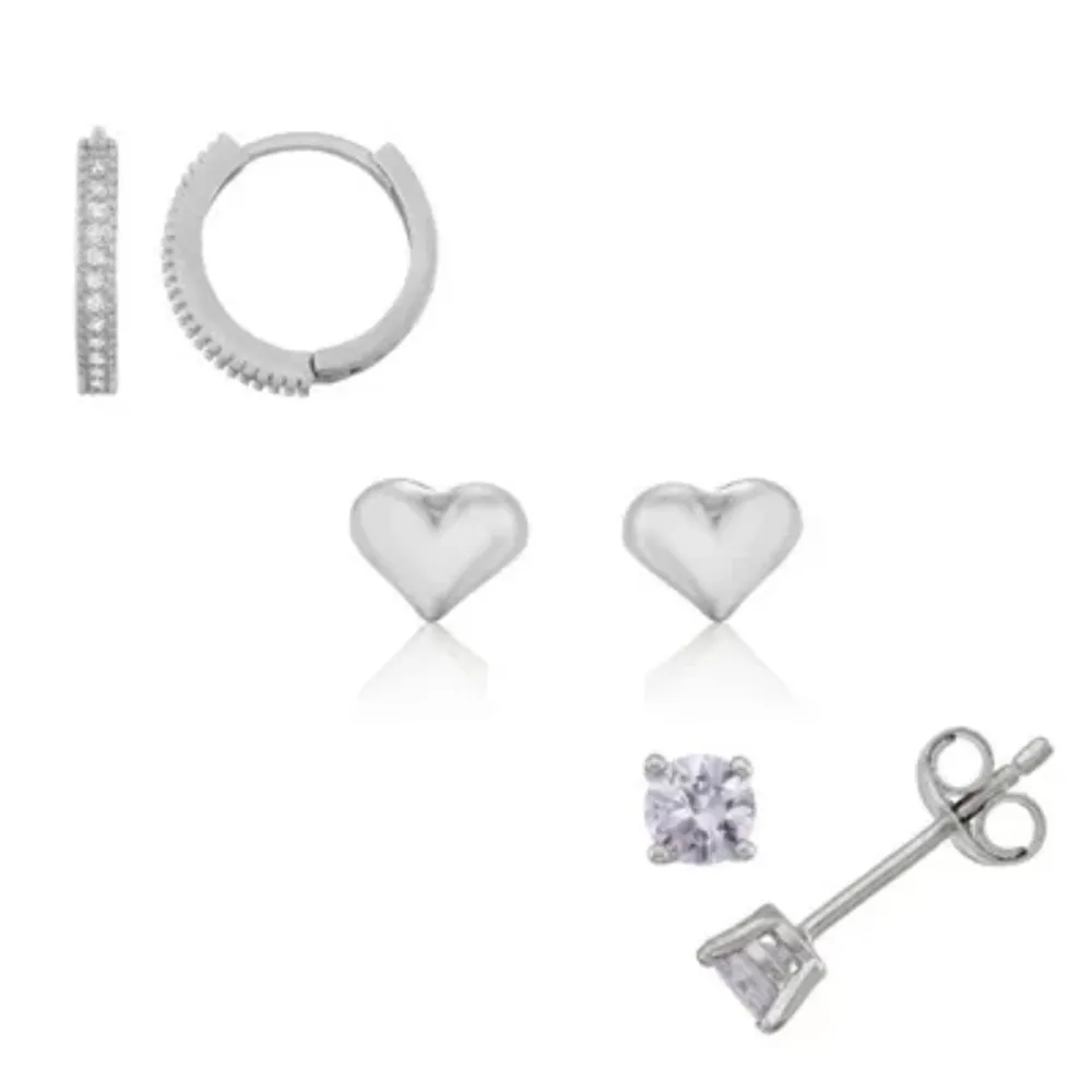 White Cubic Zirconia Sterling Silver Heart Earring Set