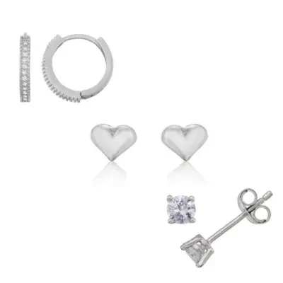 White Cubic Zirconia Sterling Silver Heart Earring Set