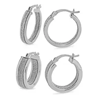 Sterling Silver Rhodium Glitter Hoop Earrings Set