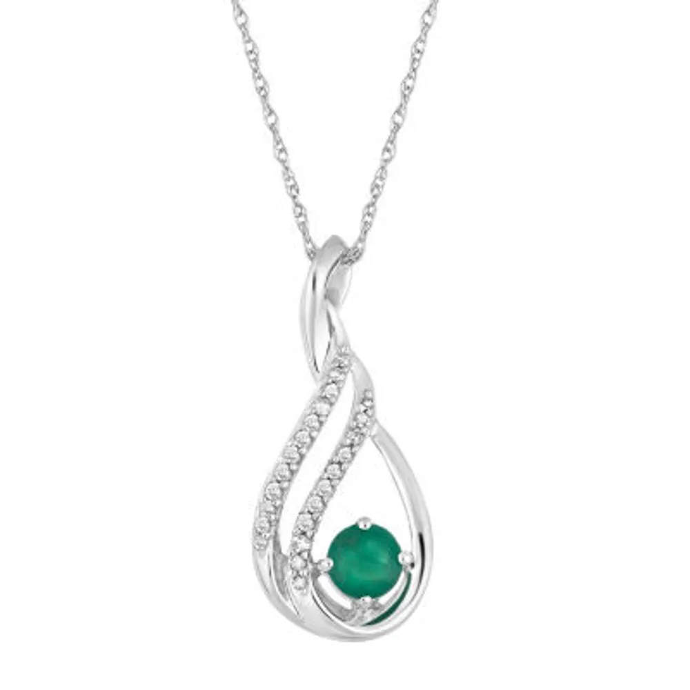 Womens Diamond Accent Genuine Green Emerald 10K White Gold Pendant Necklace