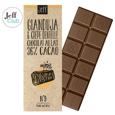 Tablettes, écorces et carrés, Tablette N°9 Chocolat au Lait 36%, Noisettes Gianduja et Crêpe Dentelle - Jeff de Bruges