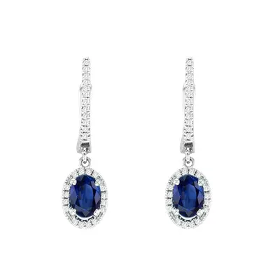 Oval Sapphire Halo Diamond Drop Earrings