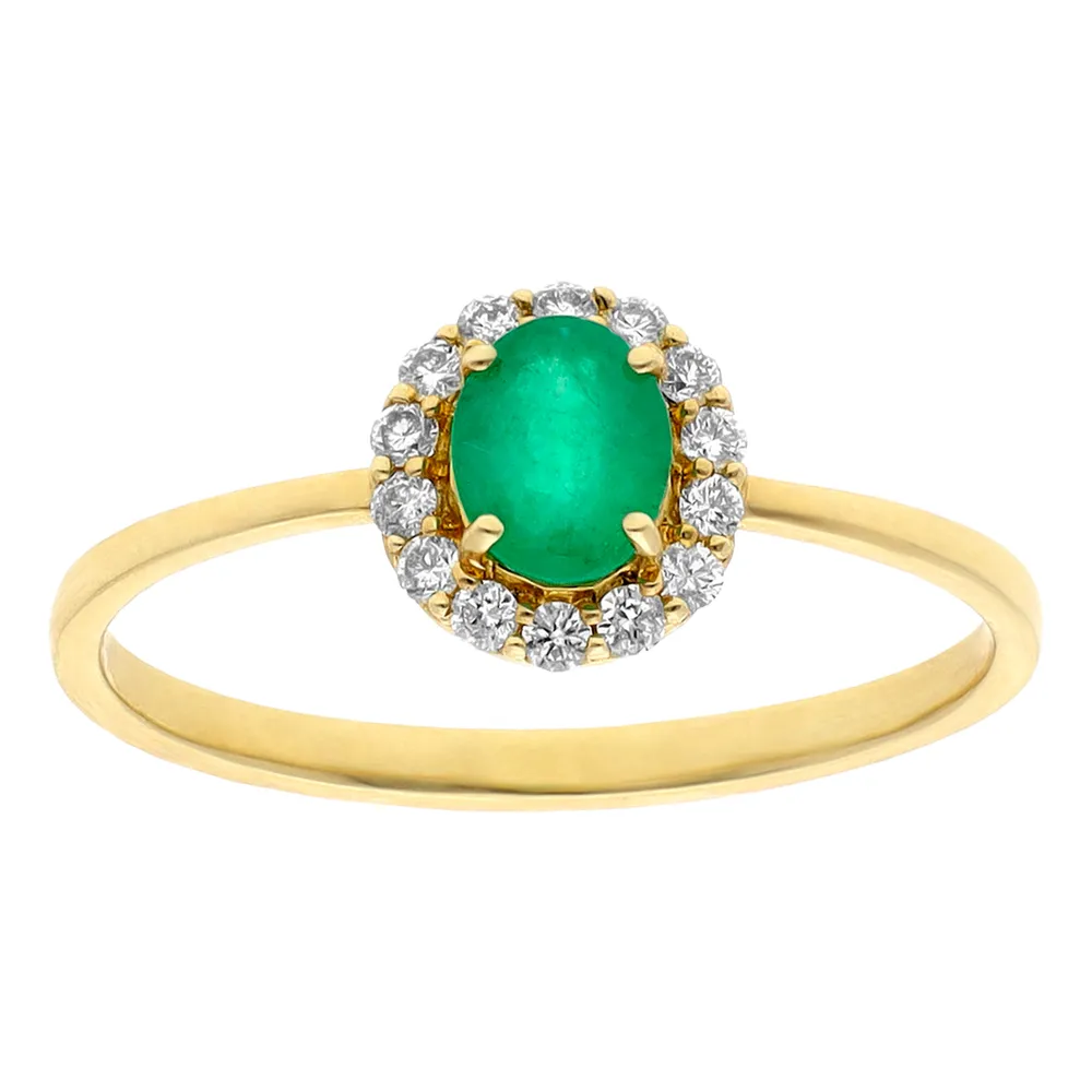 Anillo para dama en color amarillo 14K con diamantes y esmeralda