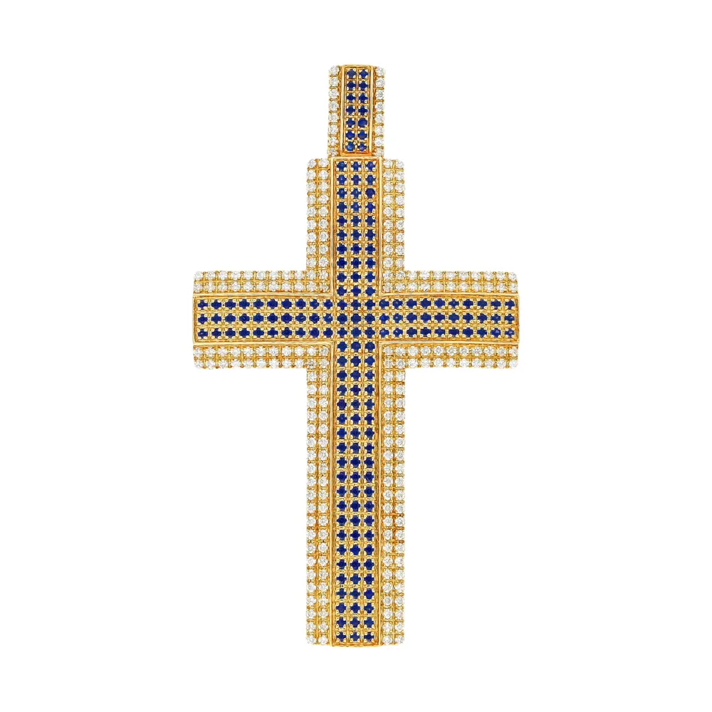 Cruz para caballero en oro amarillo 14k con diamantes y zafiros