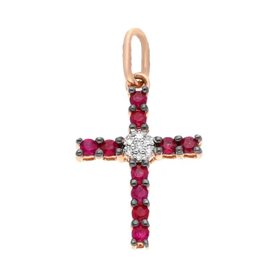 Cruz en oro rosa 14K con rubíes y diamante