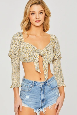 Woven Printed Front Tie Puff Sleeve Top