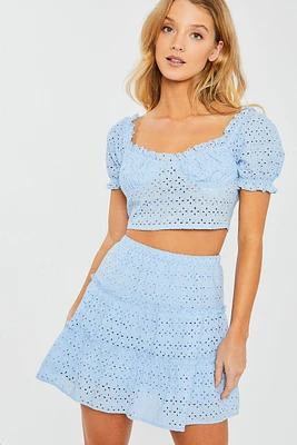 Woven Solid Puff Sleeve Top And Mini Skirt Set