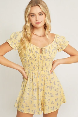 Woven Print Smocked Waist Short Sleeve Romper