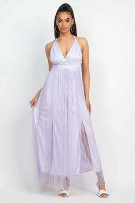 Pleated Mesh Maxi Dress