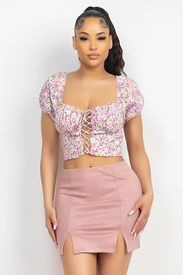 Floral Lace-Up Square Neck Crop Top