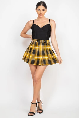 Belted Plaid Pleated Mini Skirt