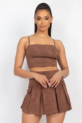 Faux Suede Cami Top & Pleated Skorts Set