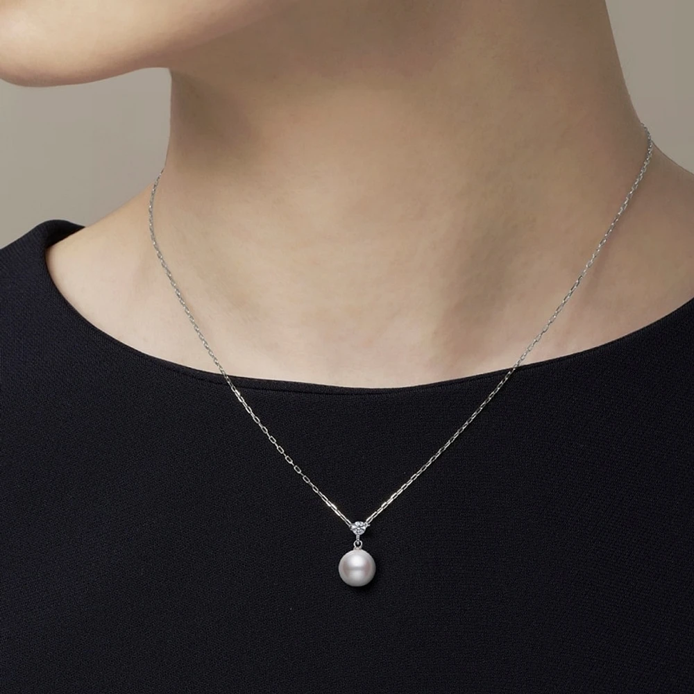 Akoya Cultured Single Pearl and Diamond Pendant in 18K White Gold - La Maison Monaco