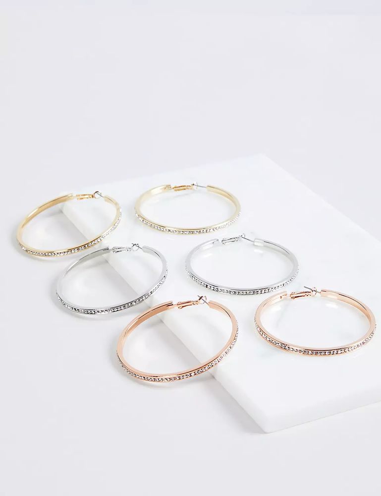 Pave Stone Hoop Earrings 3-Pack - Tri-Tone