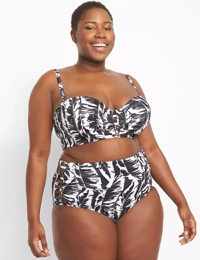 Lane Bryant Strappy Ruched-Side Swim Brief Palm Leaves