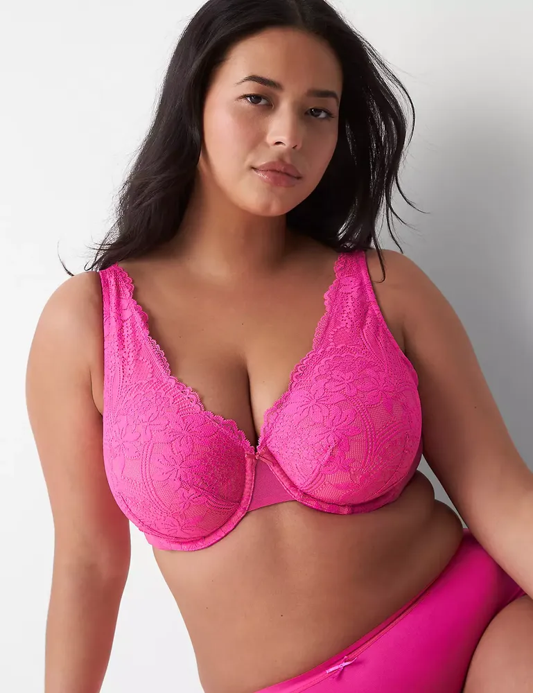 NEW Lane Bryant Cacique Bra with Removable Pads 44C Hot Pink Bold Lace  Plunge