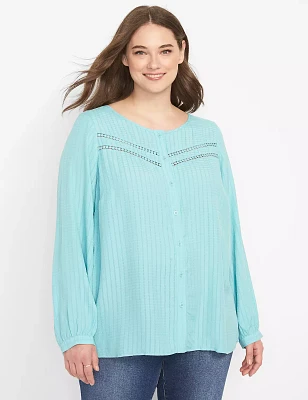 No-Peek Crew-Neck Button-Front Blouse