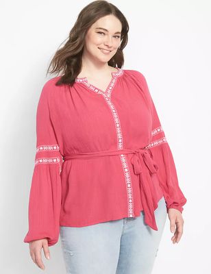Classic Long-Sleeve Belted Peasant Blouse