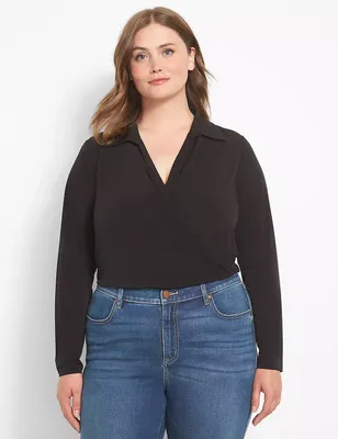 Fitted Long-Sleeve Surplice Collar Crop Shirt