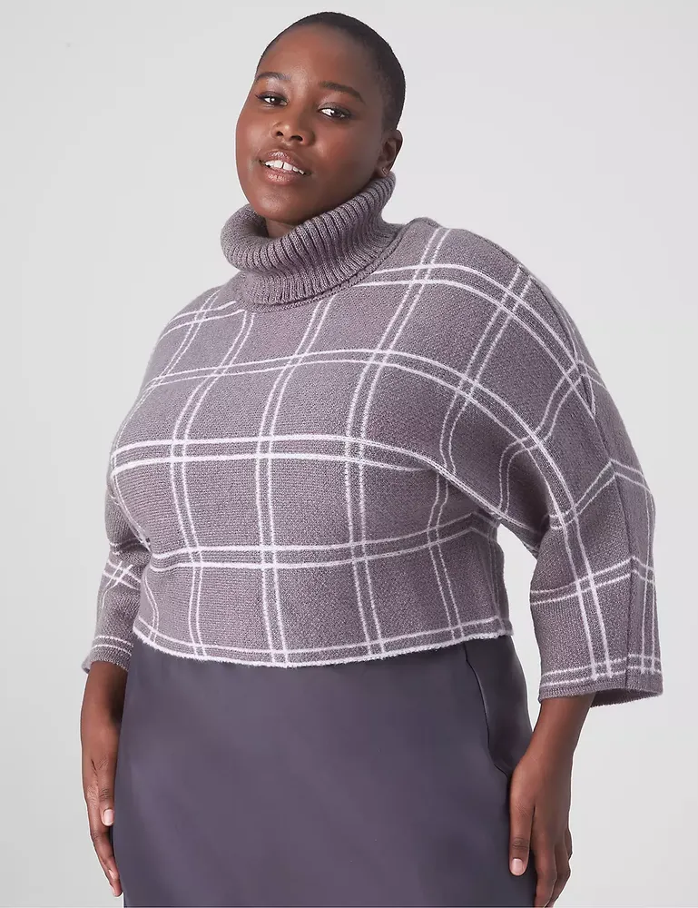 Lane Bryant Classic 3/4-Sleeve Mock-Neck Jacquard Crop Sweater / Grey