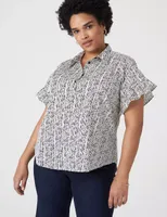 Ruffle-Sleeve Button-Down Top