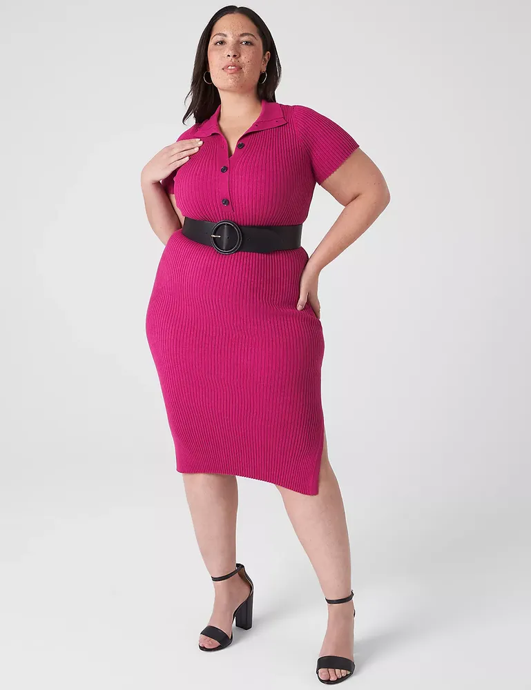 Lane Bryant Short-Sleeve Polo Rib Sweater Dress 26/28 Fuchsia