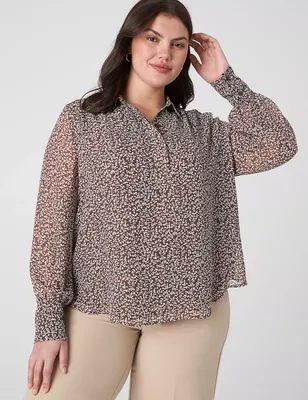 Long-Sleeve Collared Placket Blouse